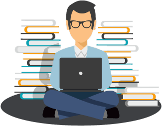 A man on his laptop surrounded by books