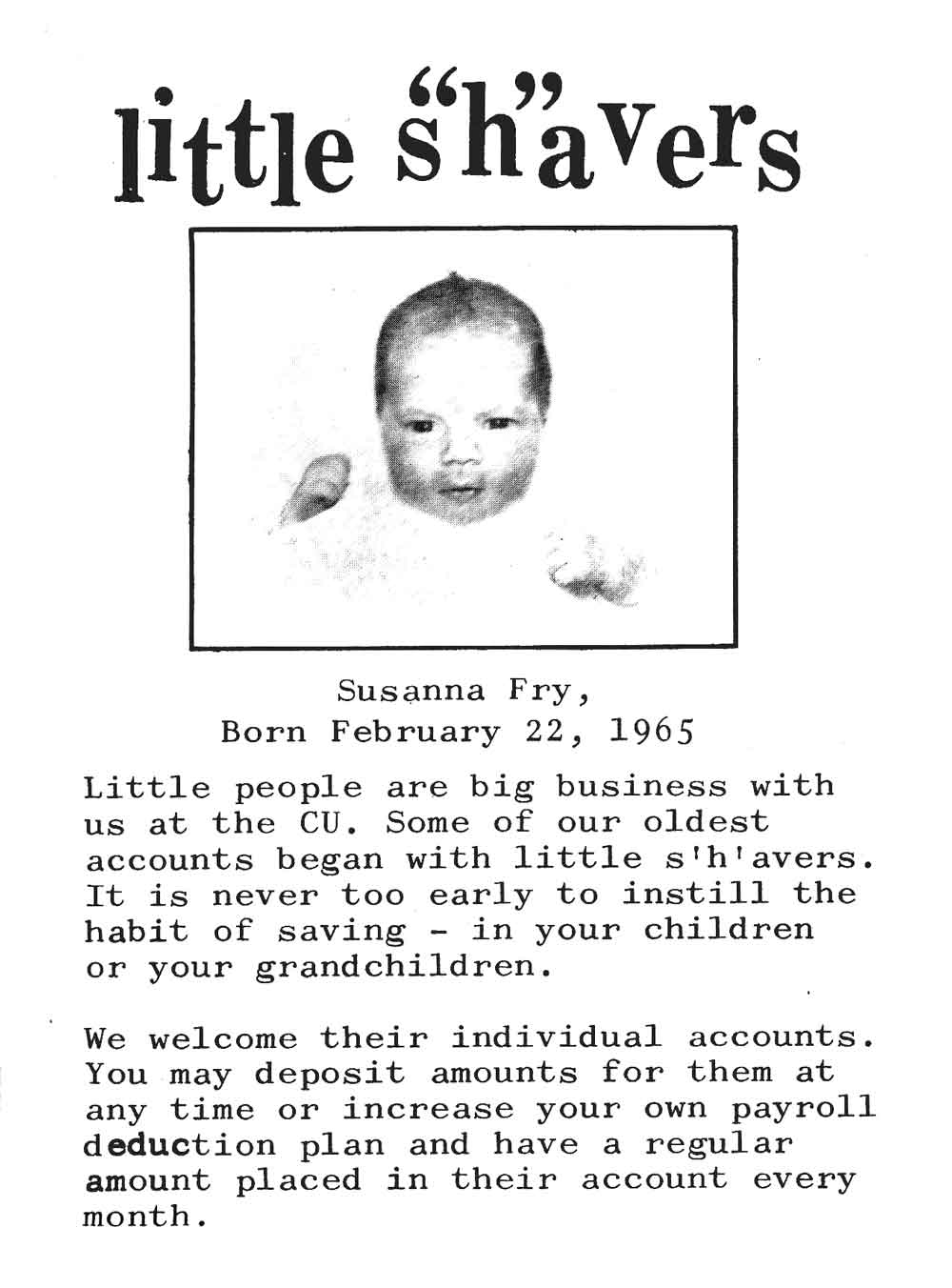 Susanna's baby photo published in 1965